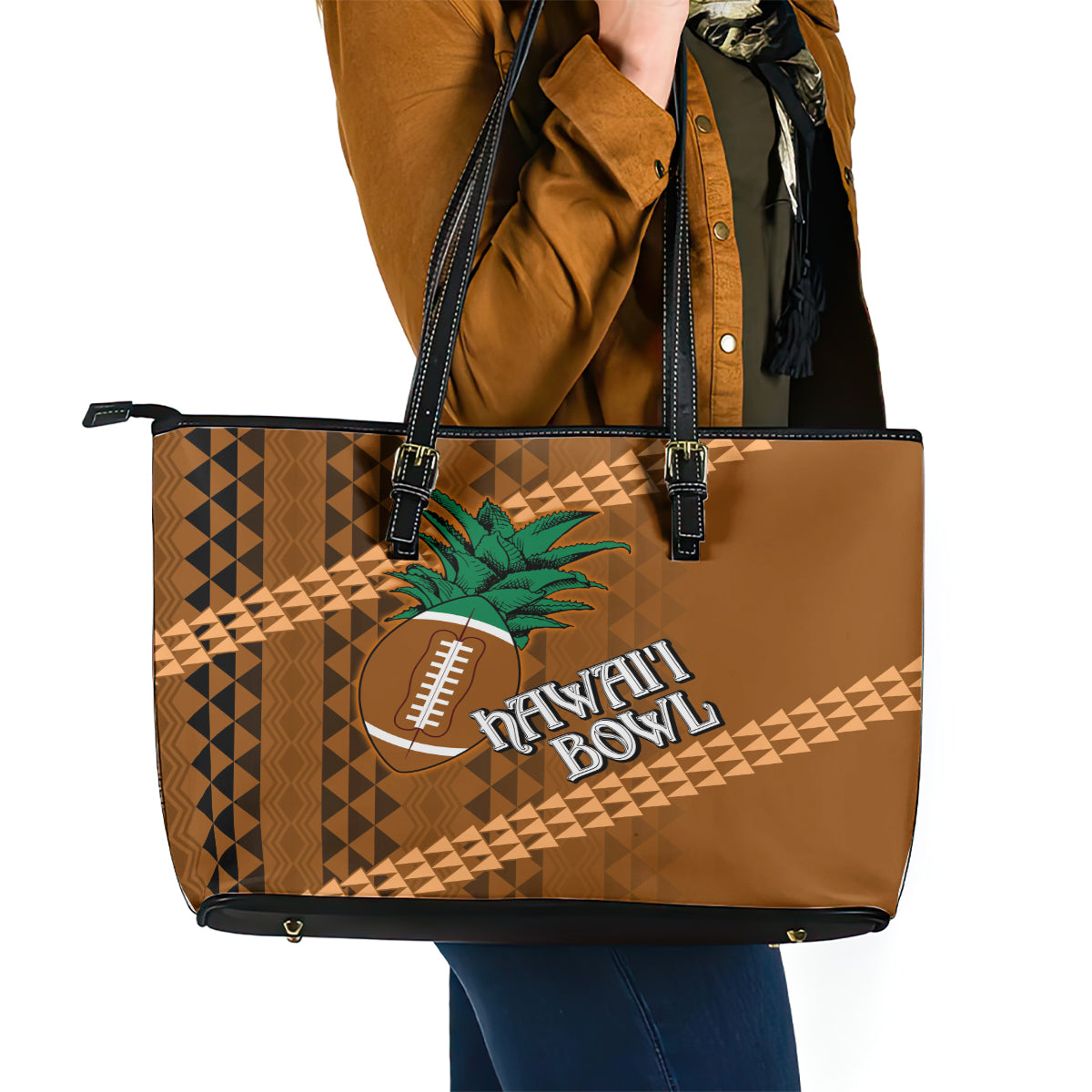Custom Hawaii Honolulu Bowl Leather Tote Bag With Kakau Tribal Pattern LT9 - Polynesian Pride