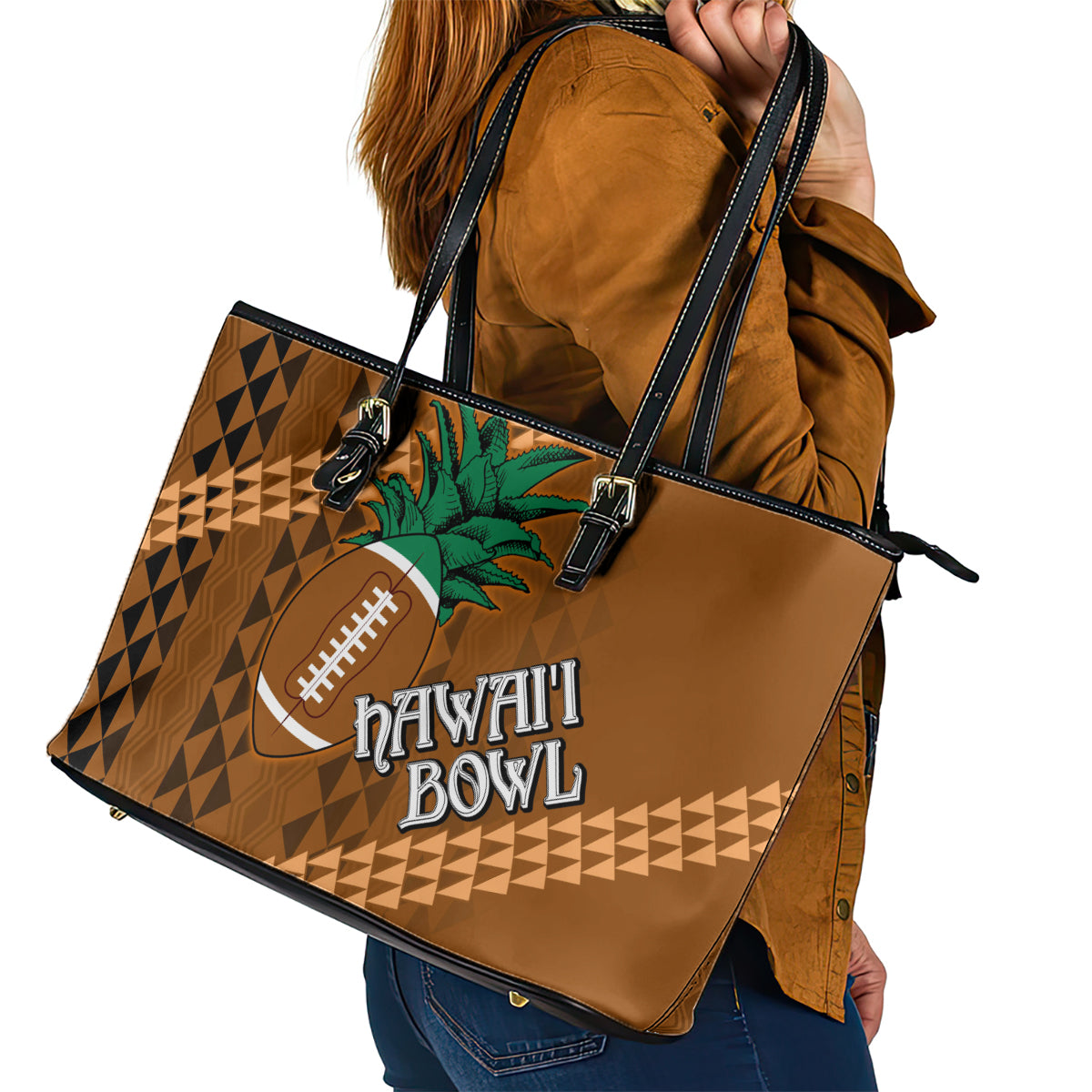 Custom Hawaii Honolulu Bowl Leather Tote Bag With Kakau Tribal Pattern LT9 - Polynesian Pride