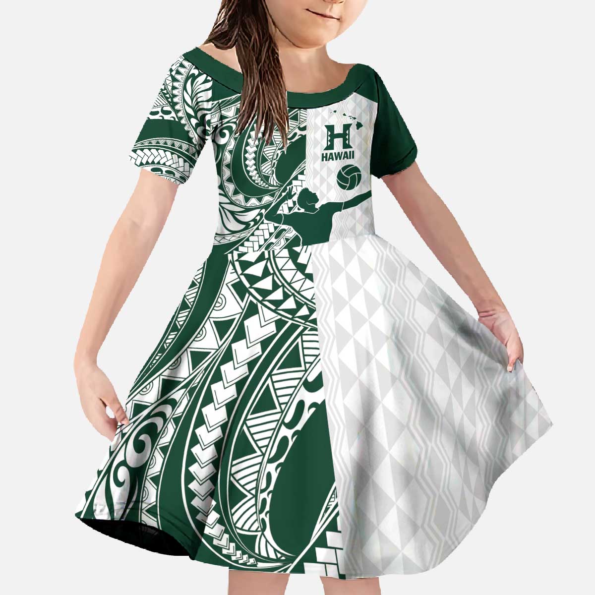 Polynesian Hawaii Volleyball Custom Family Matching Off The Shoulder Long Sleeve Dress and Hawaiian Shirt Kakau with Sport Style
