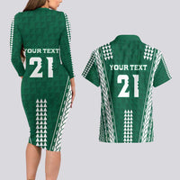 Polynesian Hawaii Volleyball Custom Couples Matching Long Sleeve Bodycon Dress and Hawaiian Shirt Green Kakau with Map Motif