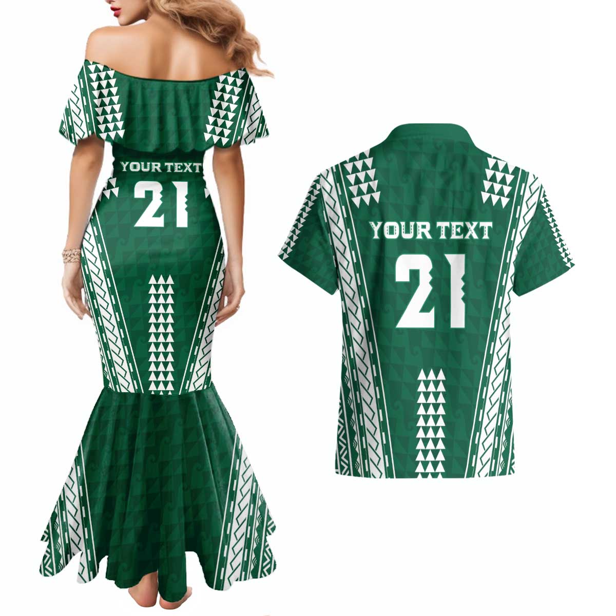 Polynesian Hawaii Volleyball Custom Couples Matching Mermaid Dress and Hawaiian Shirt Green Kakau with Map Motif