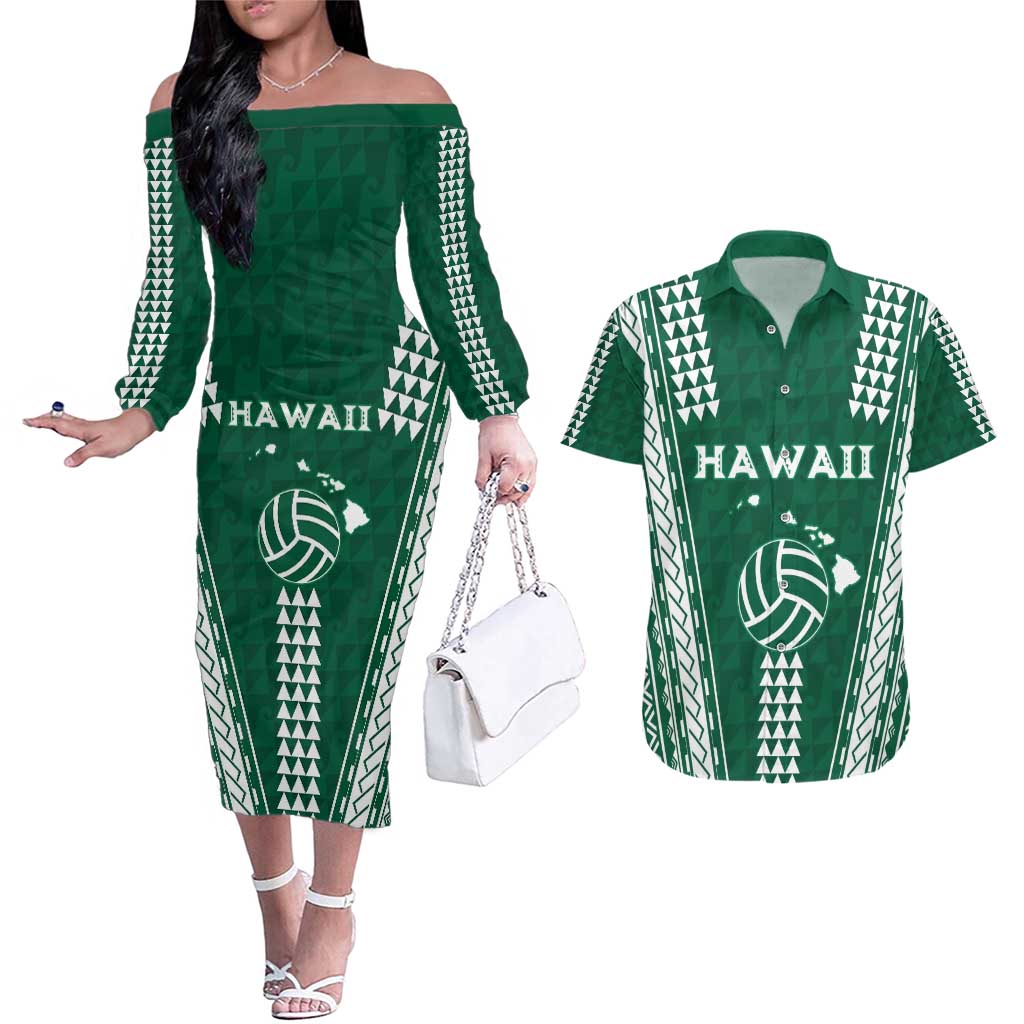 Polynesian Hawaii Volleyball Custom Couples Matching Off The Shoulder Long Sleeve Dress and Hawaiian Shirt Green Kakau with Map Motif