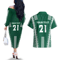 Polynesian Hawaii Volleyball Custom Couples Matching Off The Shoulder Long Sleeve Dress and Hawaiian Shirt Green Kakau with Map Motif