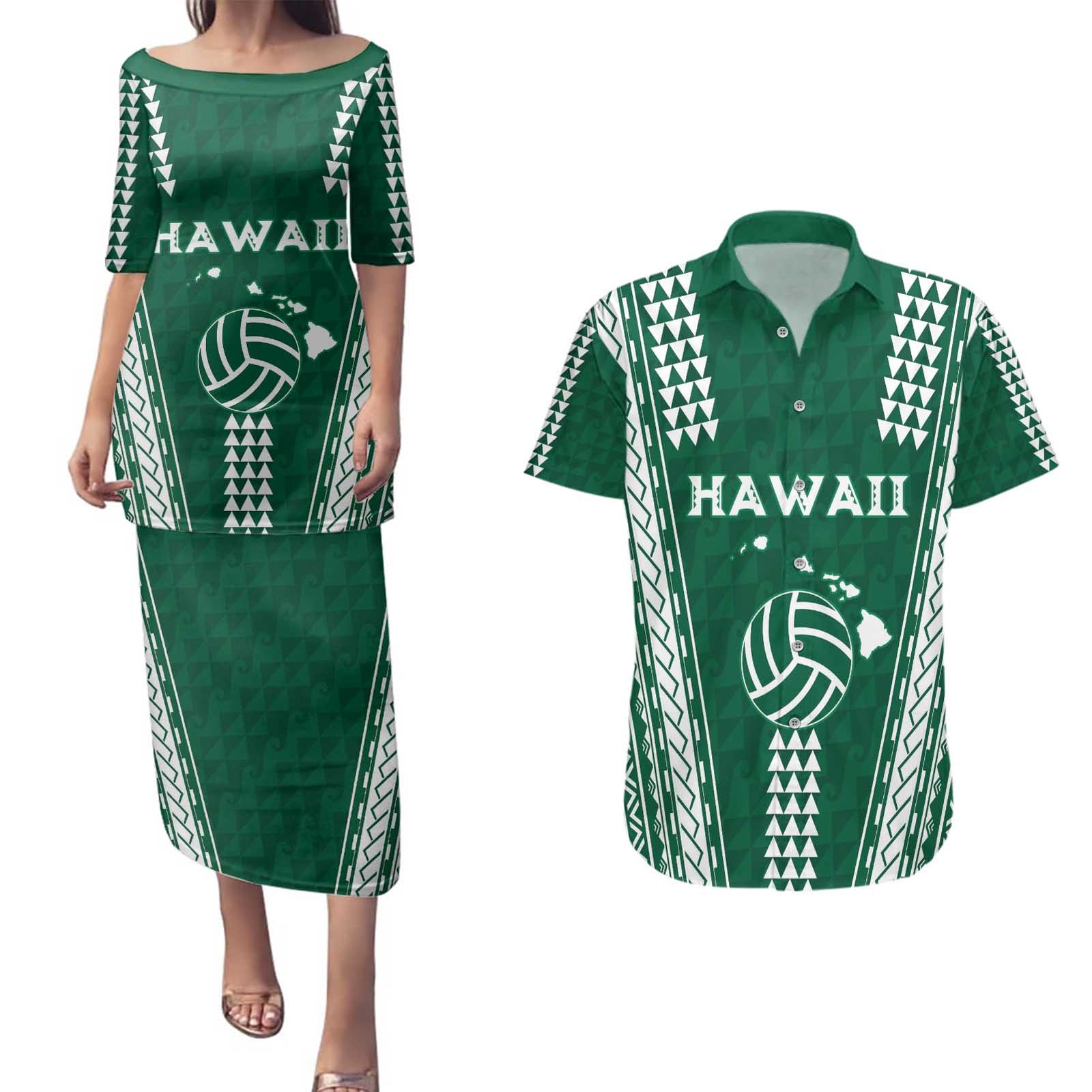 Polynesian Hawaii Volleyball Custom Couples Matching Puletasi and Hawaiian Shirt Green Kakau with Map Motif