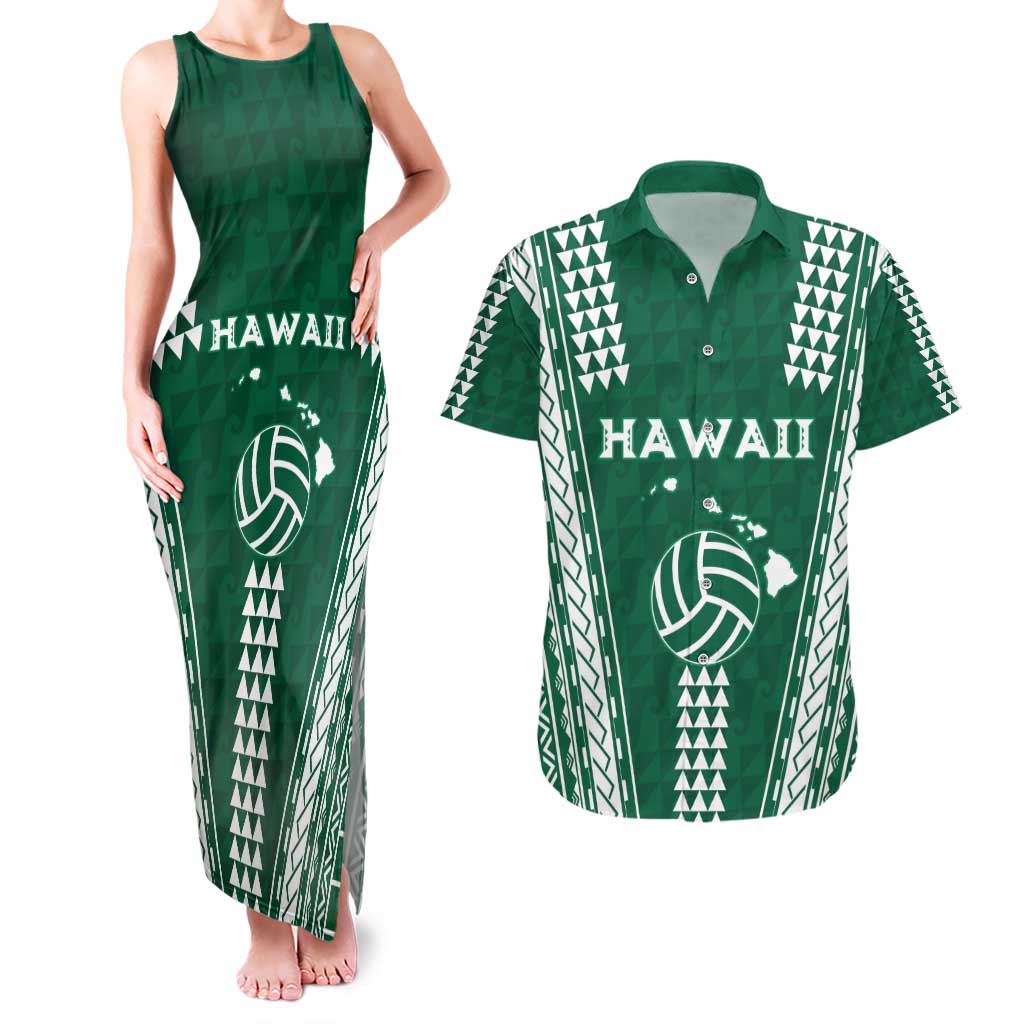 Polynesian Hawaii Volleyball Custom Couples Matching Tank Maxi Dress and Hawaiian Shirt Green Kakau with Map Motif