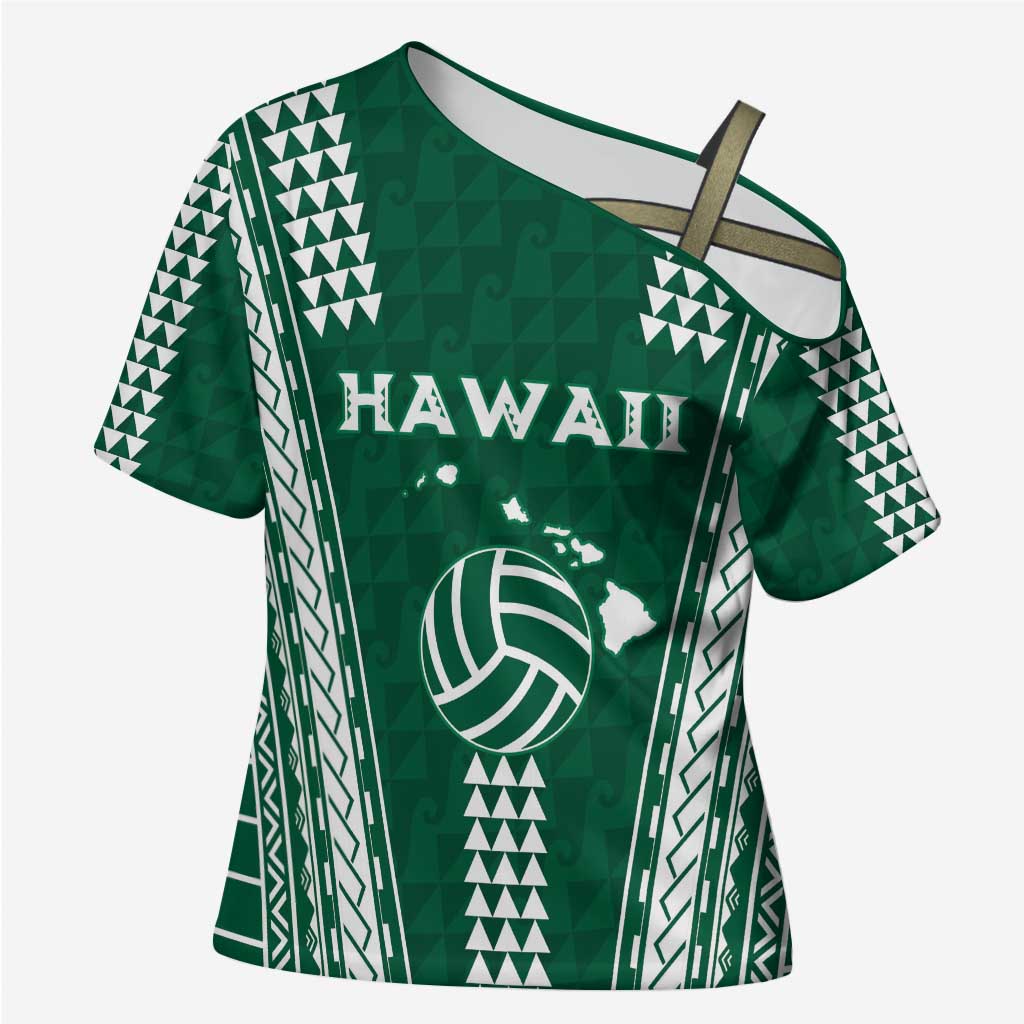 Polynesian Hawaii Volleyball Custom Cross Shoulder Shirt Green Kakau with Map Motif LT9 Female Green - Polynesian Pride