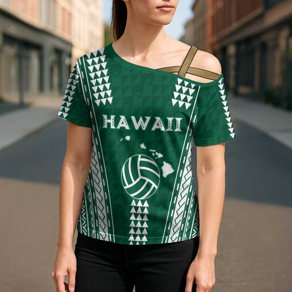 Polynesian Hawaii Volleyball Custom Cross Shoulder Shirt Green Kakau with Map Motif - Polynesian Pride