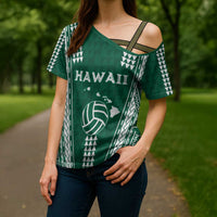 Polynesian Hawaii Volleyball Custom Cross Shoulder Shirt Green Kakau with Map Motif - Polynesian Pride