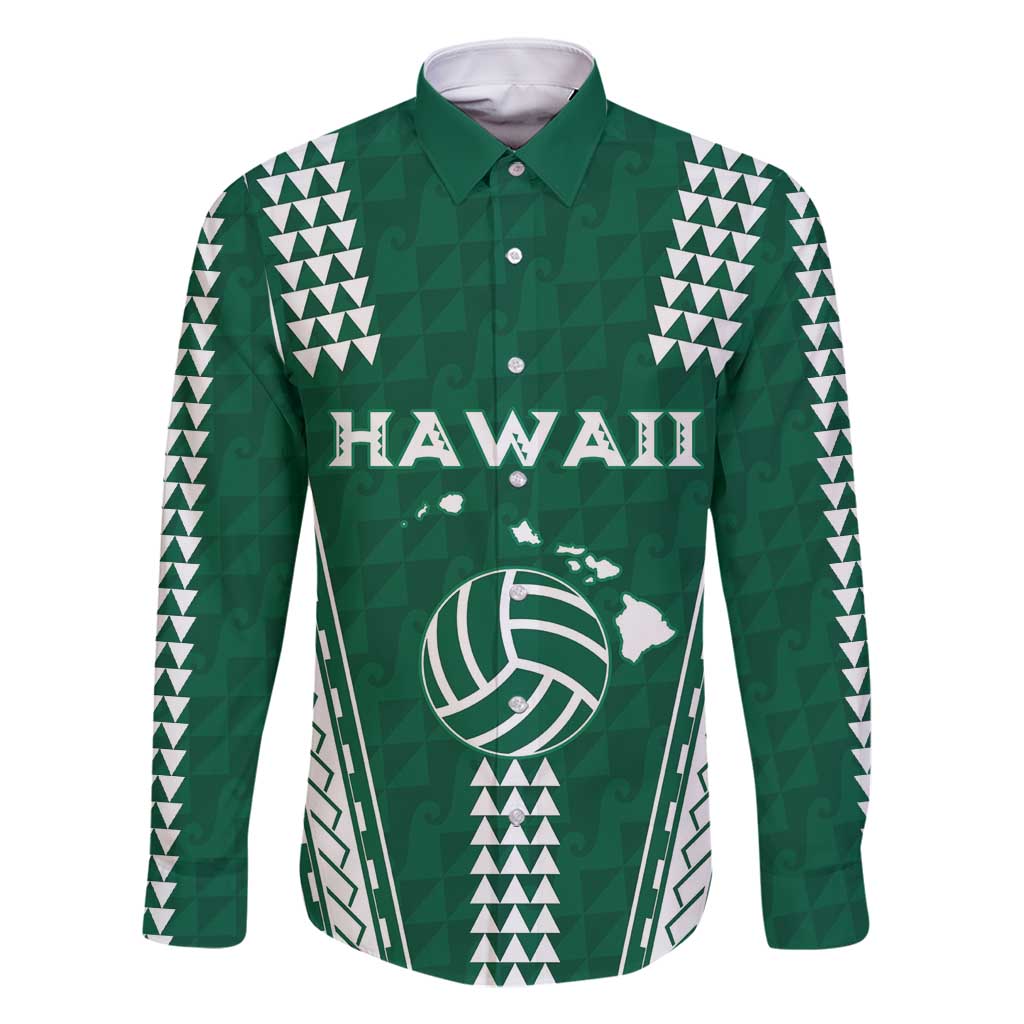 Polynesian Hawaii Volleyball Custom Family Matching Long Sleeve Bodycon Dress and Hawaiian Shirt Green Kakau with Map Motif