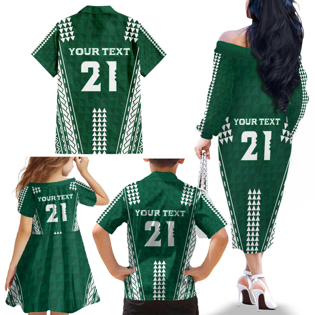 Polynesian Hawaii Volleyball Custom Family Matching Off The Shoulder Long Sleeve Dress and Hawaiian Shirt Green Kakau with Map Motif