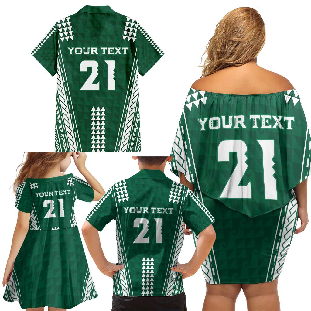 Polynesian Hawaii Volleyball Custom Family Matching Off Shoulder Short Dress and Hawaiian Shirt Green Kakau with Map Motif