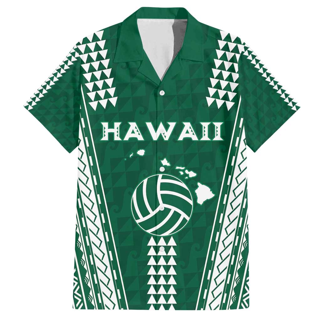 Polynesian Hawaii Volleyball Custom Family Matching Off Shoulder Short Dress and Hawaiian Shirt Green Kakau with Map Motif
