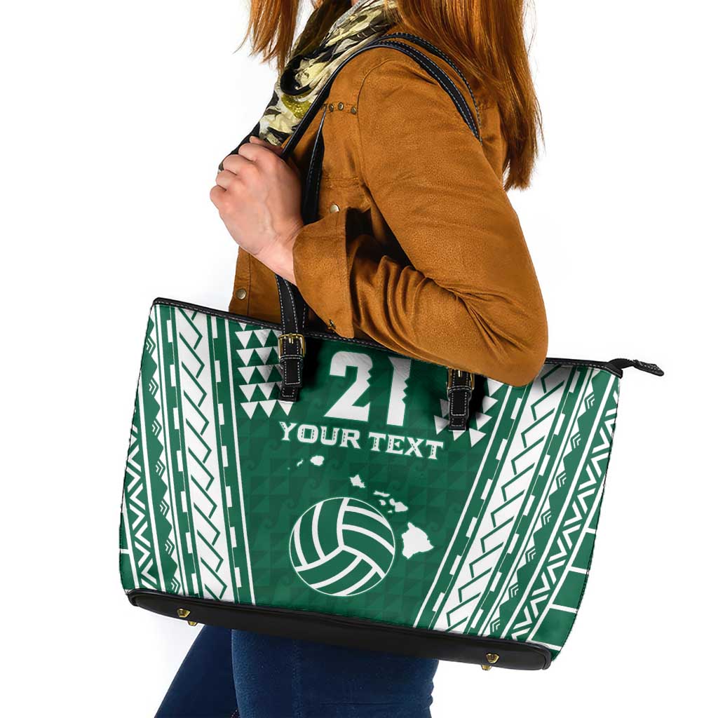 Polynesian Hawaii Volleyball Custom Leather Tote Bag Green Kakau with Map Motif LT9 Green - Polynesian Pride