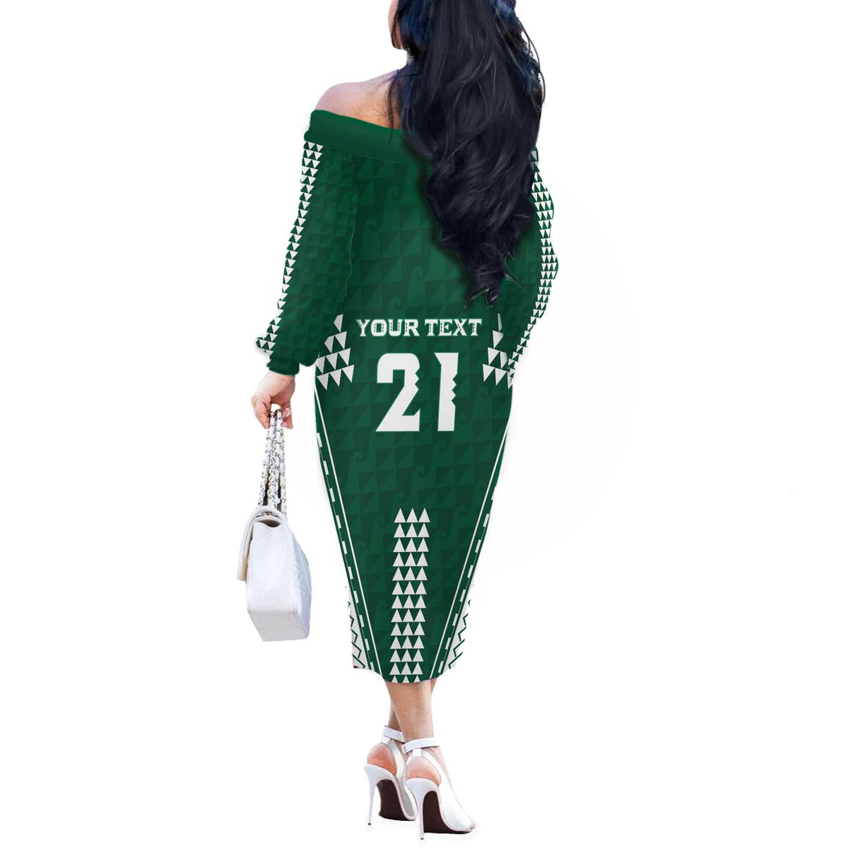 Polynesian Hawaii Volleyball Custom Off The Shoulder Long Sleeve Dress Green Kakau with Map Motif