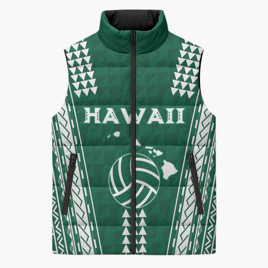Polynesian Hawaii Volleyball Custom Sleeveless Puffer Jacket Green Kakau with Map Motif LT9 Unisex Green - Polynesian Pride