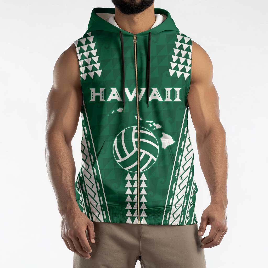 Polynesian Hawaii Volleyball Custom Sleeveless Zip Hoodie Green Kakau with Map Motif - Polynesian Pride