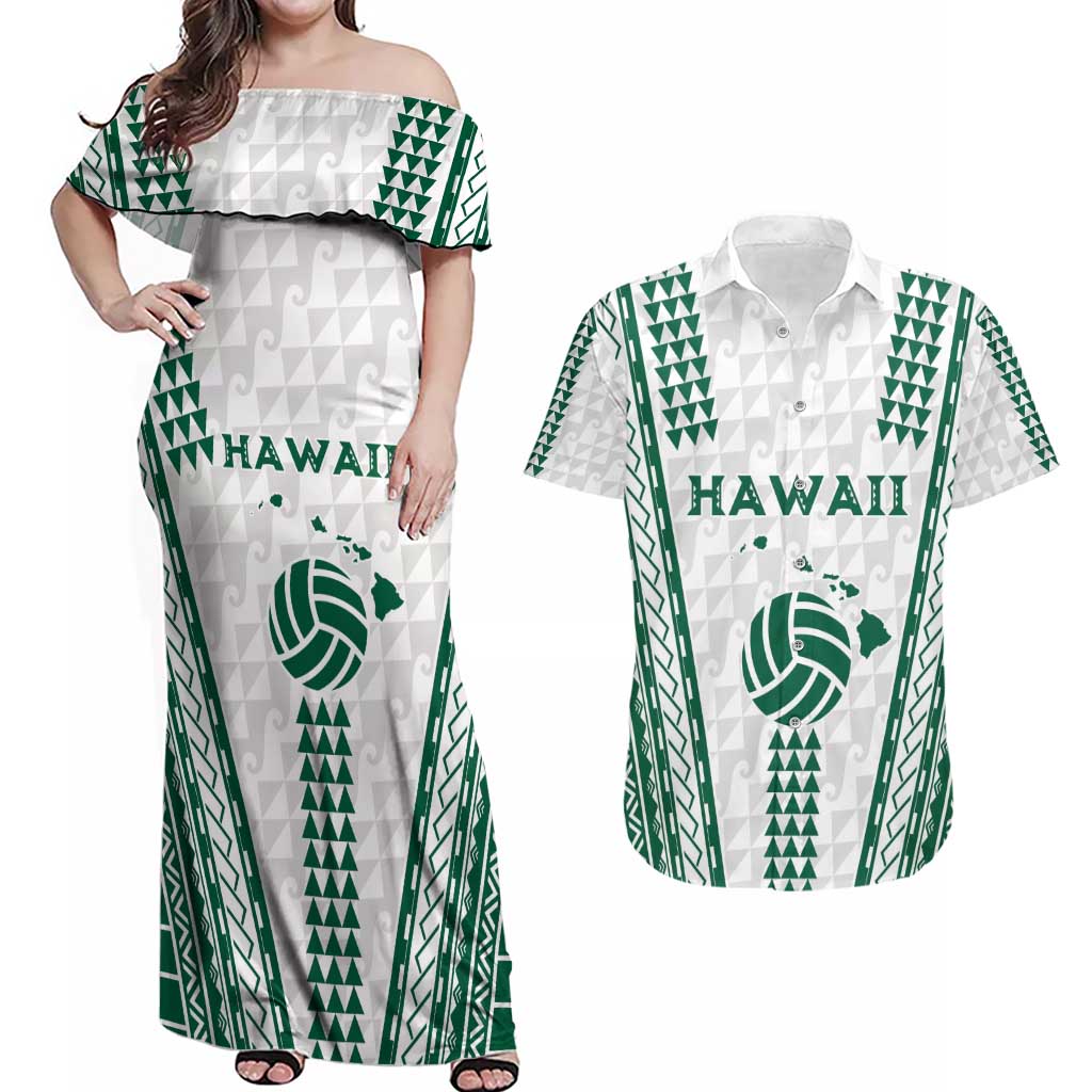 Polynesian Hawaii Volleyball Custom Couples Matching Off Shoulder Maxi Dress and Hawaiian Shirt White Kakau with Map Motif LT9 White - Polynesian Pride