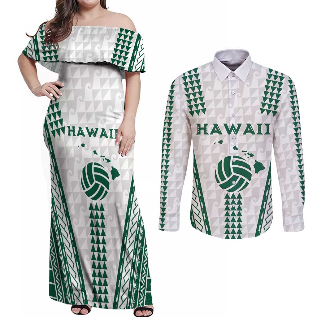 Polynesian Hawaii Volleyball Custom Couples Matching Off Shoulder Maxi Dress and Long Sleeve Button Shirt White Kakau with Map Motif LT9 White - Polynesian Pride