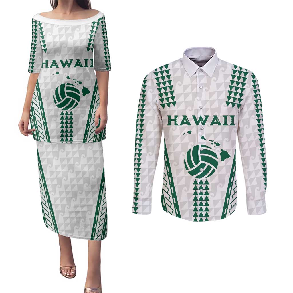 Polynesian Hawaii Volleyball Custom Couples Matching Puletasi and Long Sleeve Button Shirt White Kakau with Map Motif LT9 White - Polynesian Pride