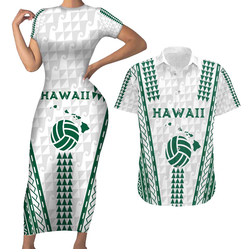 Polynesian Hawaii Volleyball Custom Couples Matching Short Sleeve Bodycon Dress and Hawaiian Shirt White Kakau with Map Motif LT9 White - Polynesian Pride