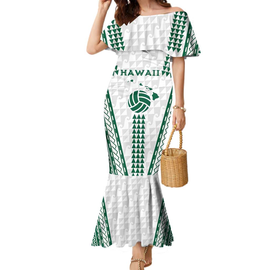 Polynesian Hawaii Volleyball Custom Family Matching Mermaid Dress and Hawaiian Shirt White Kakau with Map Motif