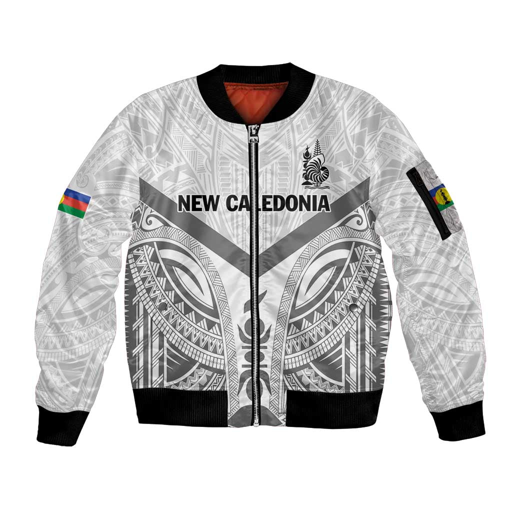 New Caledonia Football Custom Sleeve Zip Bomber Jacket Go Champions Les Cagous LT9 Unisex White - Polynesian Pride