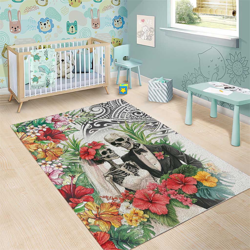 Skeleton Love for Valentine’s Day Area Rug Polynesian Tribal Love Forever