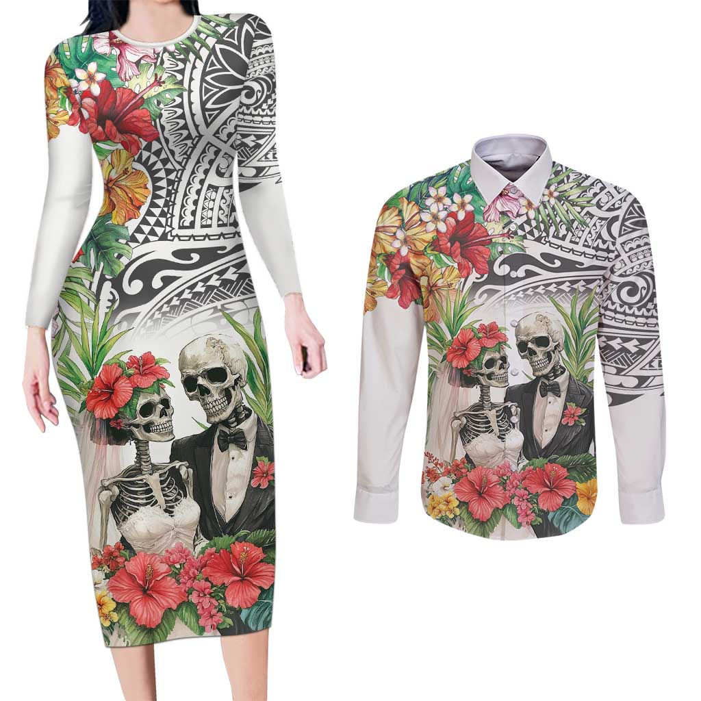 Skeleton Love for Valentine’s Day Couples Matching Long Sleeve Bodycon Dress and Long Sleeve Button Shirt Polynesian Tribal Love Forever