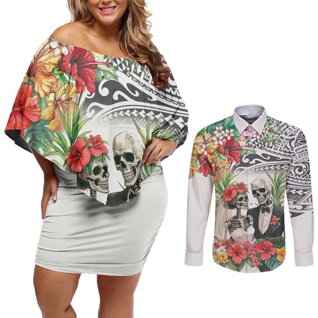 Skeleton Love for Valentine’s Day Couples Matching Off Shoulder Short Dress and Long Sleeve Button Shirt Polynesian Tribal Love Forever