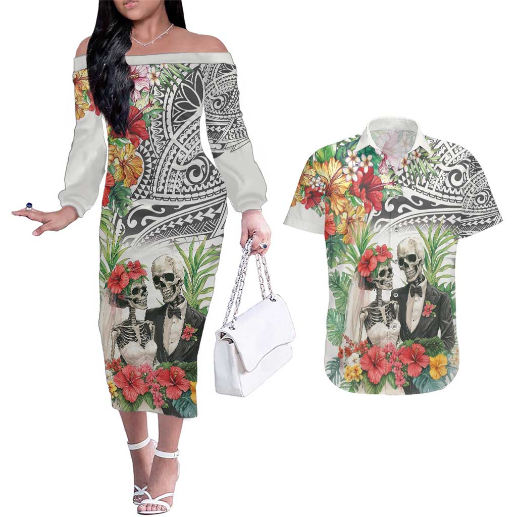 Skeleton Love for Valentine’s Day Couples Matching Off The Shoulder Long Sleeve Dress and Hawaiian Shirt Polynesian Tribal Love Forever