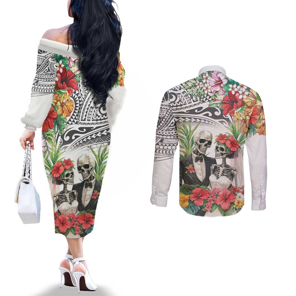 Skeleton Love for Valentine’s Day Couples Matching Off The Shoulder Long Sleeve Dress and Long Sleeve Button Shirt Polynesian Tribal Love Forever