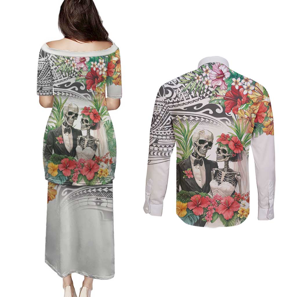 Skeleton Love for Valentine’s Day Couples Matching Puletasi and Long Sleeve Button Shirt Polynesian Tribal Love Forever