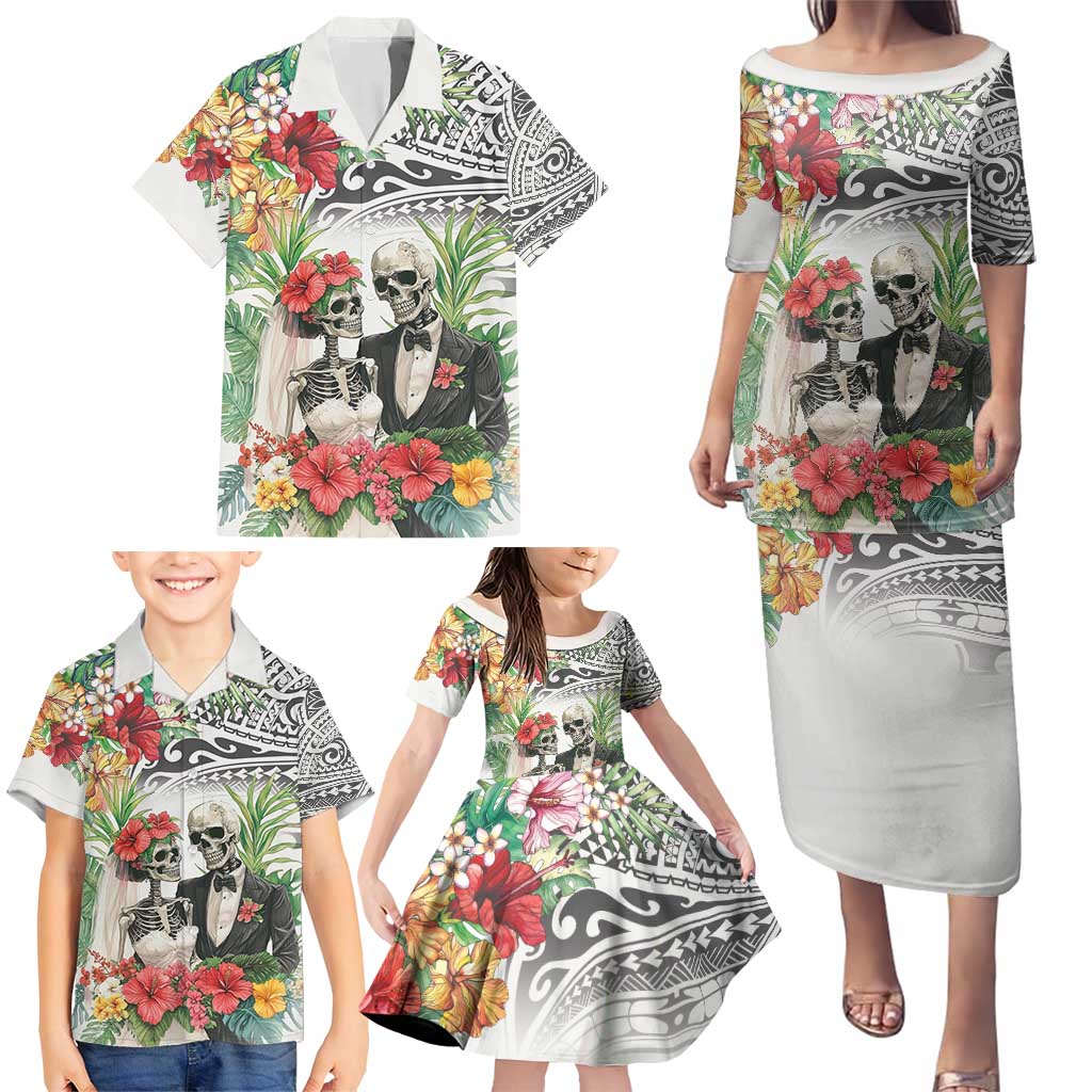 Skeleton Love for Valentine’s Day Family Matching Puletasi and Hawaiian Shirt Polynesian Tribal Love Forever