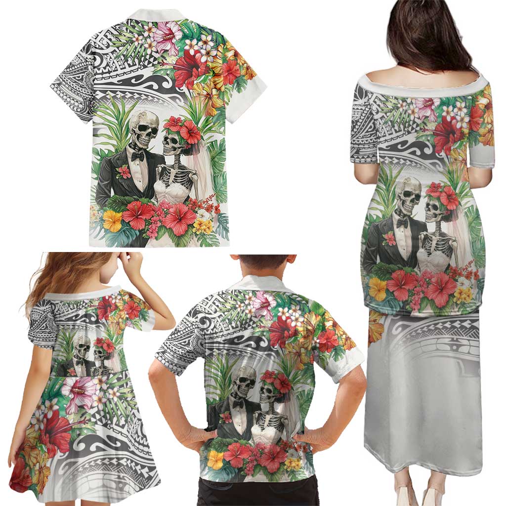 Skeleton Love for Valentine’s Day Family Matching Puletasi and Hawaiian Shirt Polynesian Tribal Love Forever