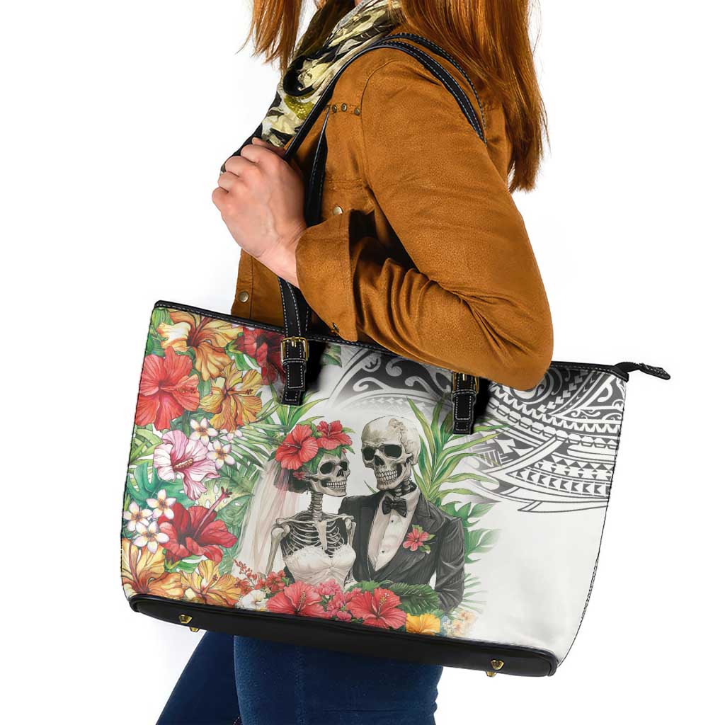 Skeleton Love for Valentines Day Leather Tote Bag Polynesian Tribal Love Forever LT9 White - Polynesian Pride