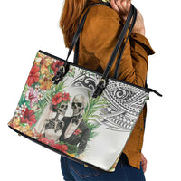 Skeleton Love for Valentine’s Day Leather Tote Bag Polynesian Tribal Love Forever