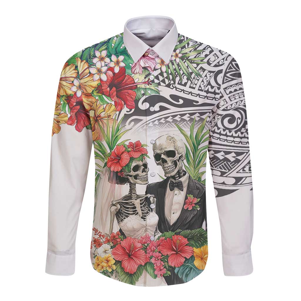 Skeleton Love for Valentine’s Day Long Sleeve Button Shirt Polynesian Tribal Love Forever
