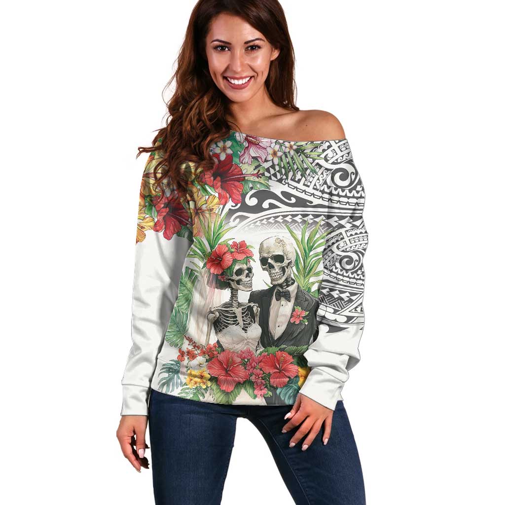 Skeleton Love for Valentines Day Off Shoulder Sweater Polynesian Tribal Love Forever LT9 Women White - Polynesian Pride