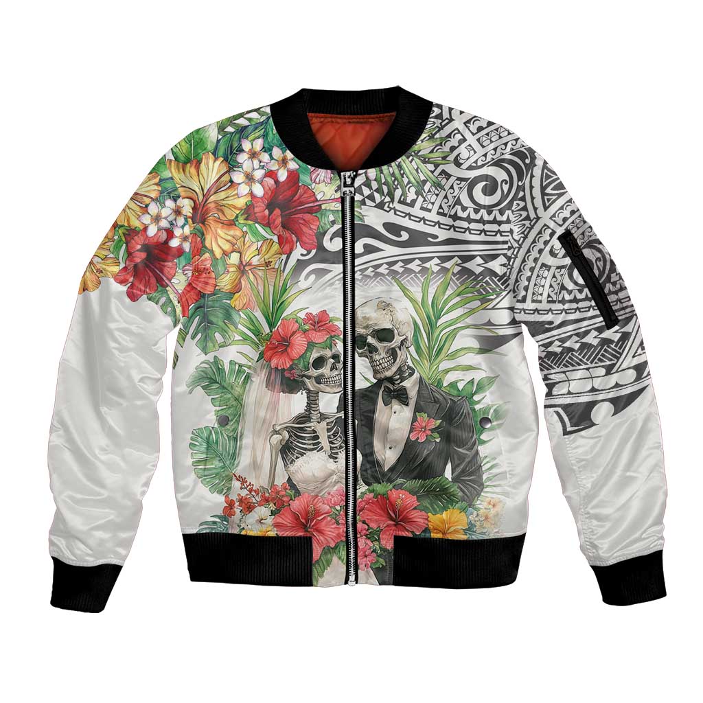 Skeleton Love for Valentines Day Sleeve Zip Bomber Jacket Polynesian Tribal Love Forever LT9 Unisex White - Polynesian Pride