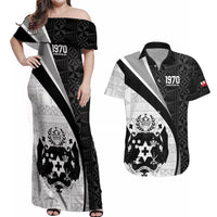 Personalised Tonga Emancipation Day Couples Matching Off Shoulder Maxi Dress and Hawaiian Shirt Since 1970 Ngatu Tribal Pattern LT9 Black - Polynesian Pride
