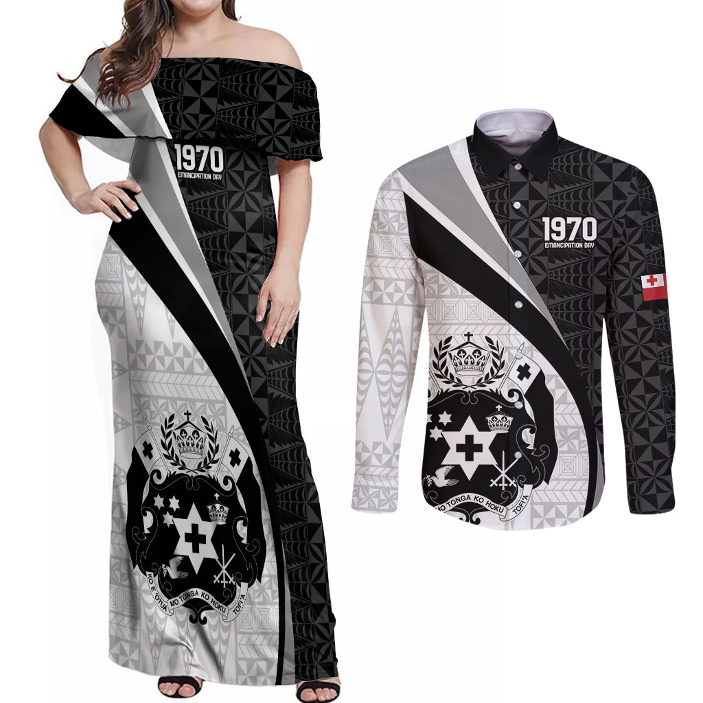 Personalised Tonga Emancipation Day Couples Matching Off Shoulder Maxi Dress and Long Sleeve Button Shirt Since 1970 Ngatu Tribal Pattern LT9 Black - Polynesian Pride