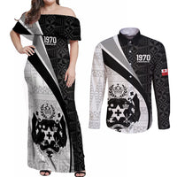 Personalised Tonga Emancipation Day Couples Matching Off Shoulder Maxi Dress and Long Sleeve Button Shirt Since 1970 Ngatu Tribal Pattern LT9 Black - Polynesian Pride