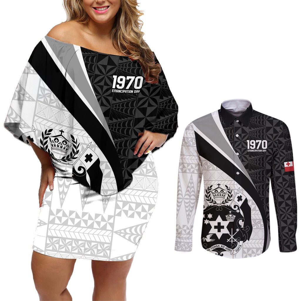 Personalised Tonga Emancipation Day Couples Matching Off Shoulder Short Dress and Long Sleeve Button Shirt Since 1970 Ngatu Tribal Pattern LT9 Black - Polynesian Pride