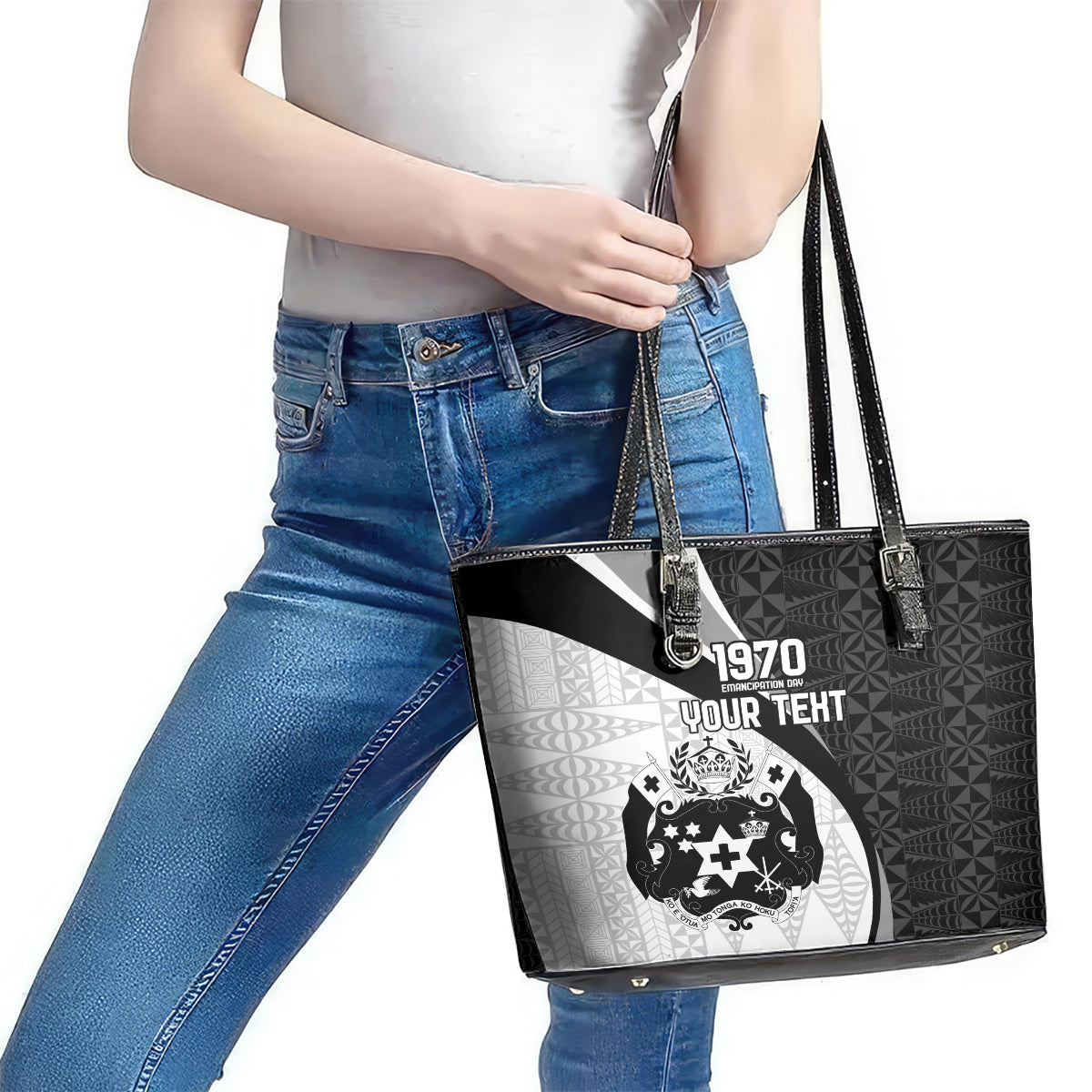 Personalised Tonga Emancipation Day Leather Tote Bag Since 1970 Ngatu Tribal Pattern