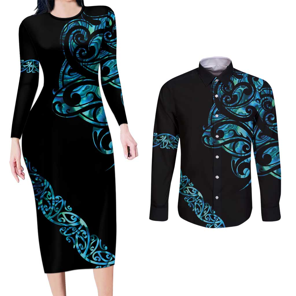 All Black Maori Tribal Tattoo Personalised Couples Matching Long Sleeve Bodycon Dress and Long Sleeve Button Shirt Polynesian Style