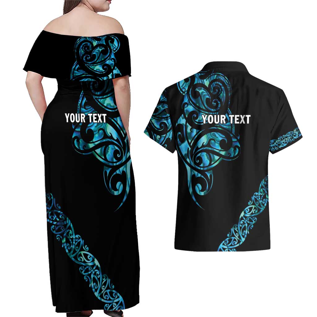 All Black Maori Tribal Tattoo Personalised Couples Matching Off Shoulder Maxi Dress and Hawaiian Shirt Polynesian Style