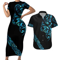 All Black Maori Tribal Tattoo Personalised Couples Matching Short Sleeve Bodycon Dress and Hawaiian Shirt Polynesian Style