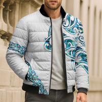 All White Maori Tribal Tattoo Personalised Bomber Puffer Jacket Polynesian Style - Polynesian Pride