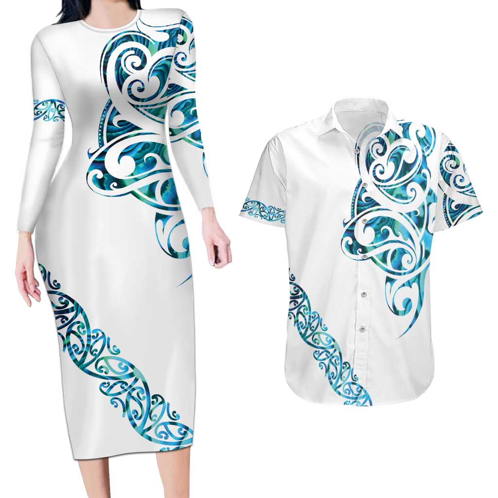 All White Maori Tribal Tattoo Personalised Couples Matching Long Sleeve Bodycon Dress and Hawaiian Shirt Polynesian Style