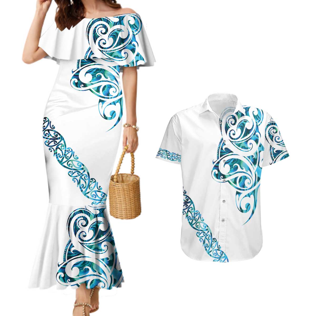 All White Maori Tribal Tattoo Personalised Couples Matching Mermaid Dress and Hawaiian Shirt Polynesian Style